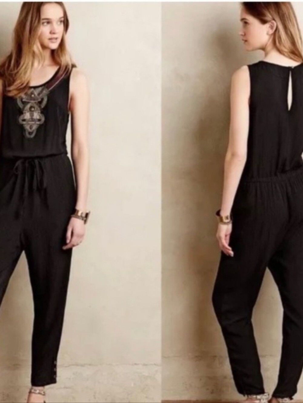 Anthropologie Black Sleeveless Embellished Jumpsuit Sz S